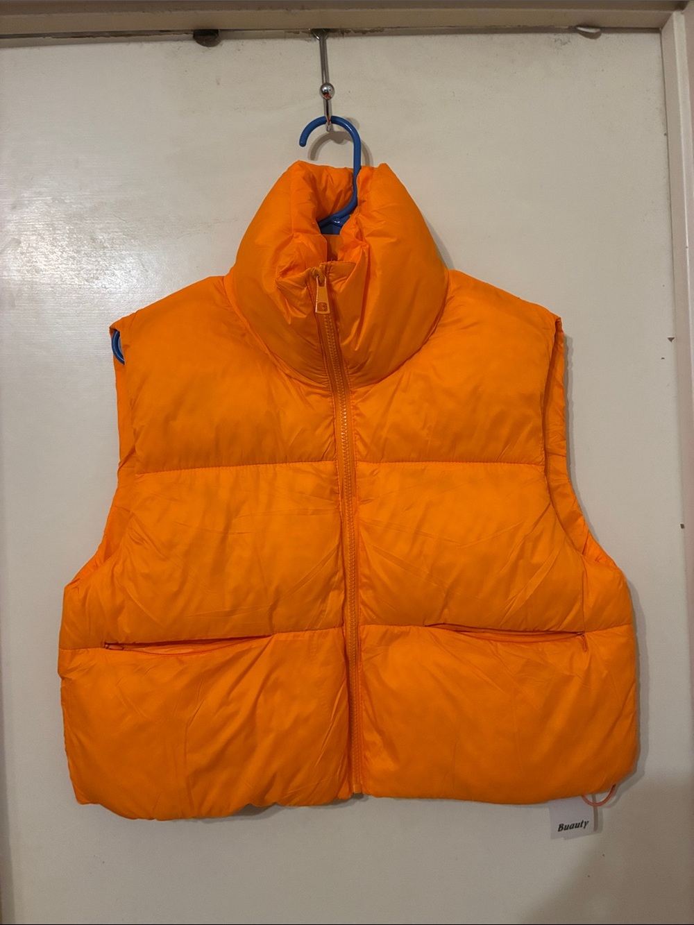NWT Bright Orange Puffer Cropped Vest with Pockets Drawstring inside to cinch